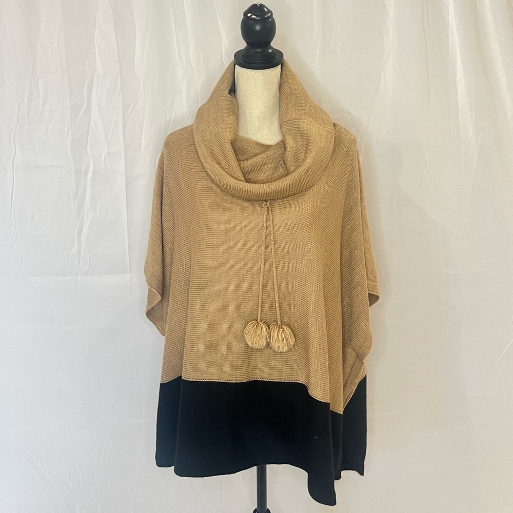 THML Cowl Neck Tan and Black Color Block Poncho/Sweater